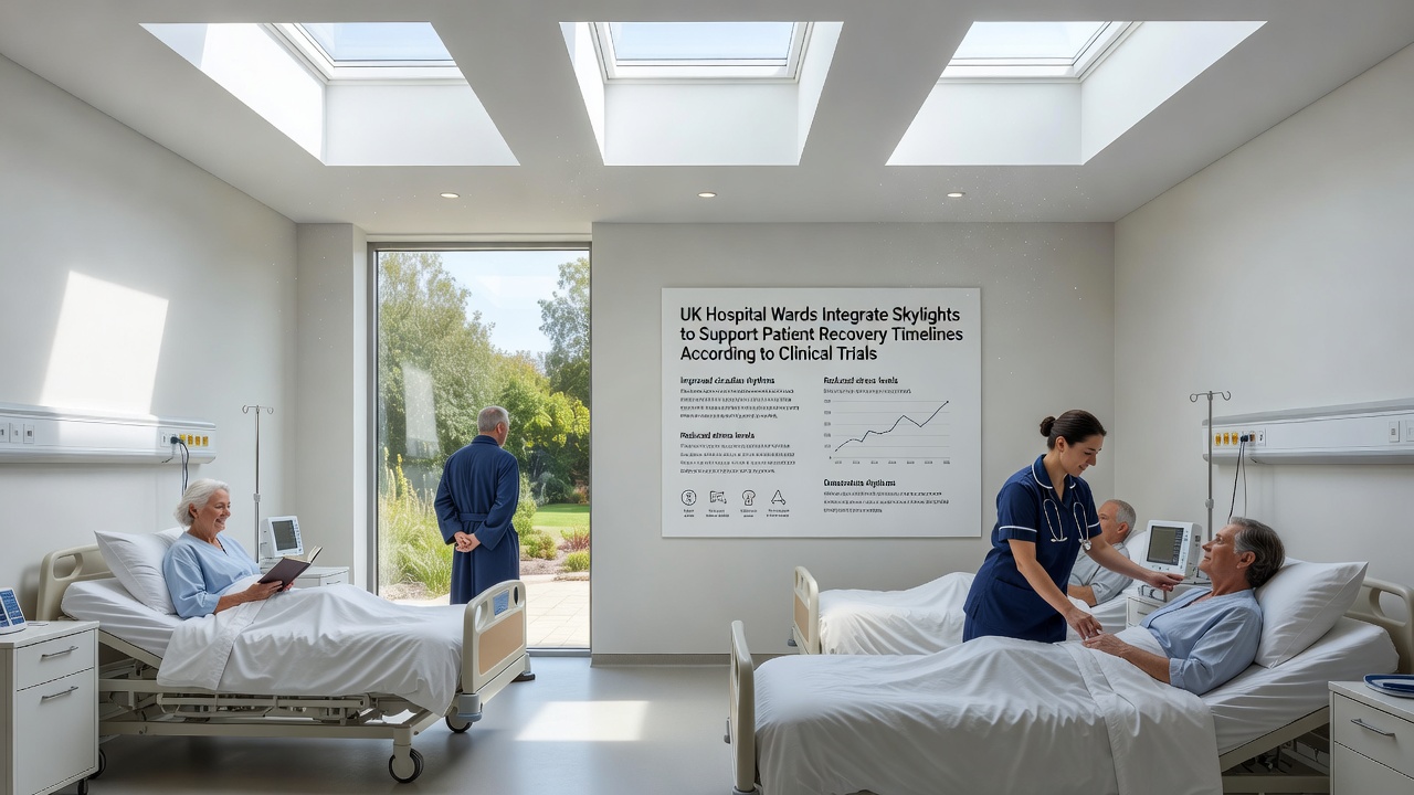 Interior view of a skylit hospital corridor showing natural light patterns on the floor and walls